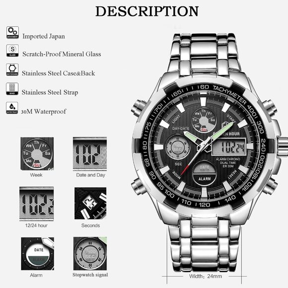 Luxury Stainless Steel Analog Digital Watches for Men Male Outdoor Sport Waterpr - Picture 4 of 7